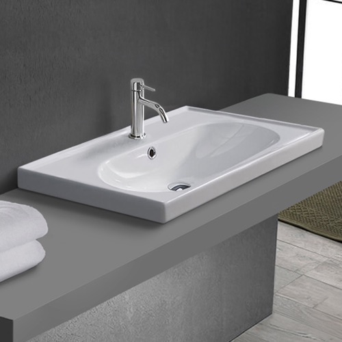 Drop In Bathroom Sink, White Ceramic, Modern CeraStyle 043100-U/D